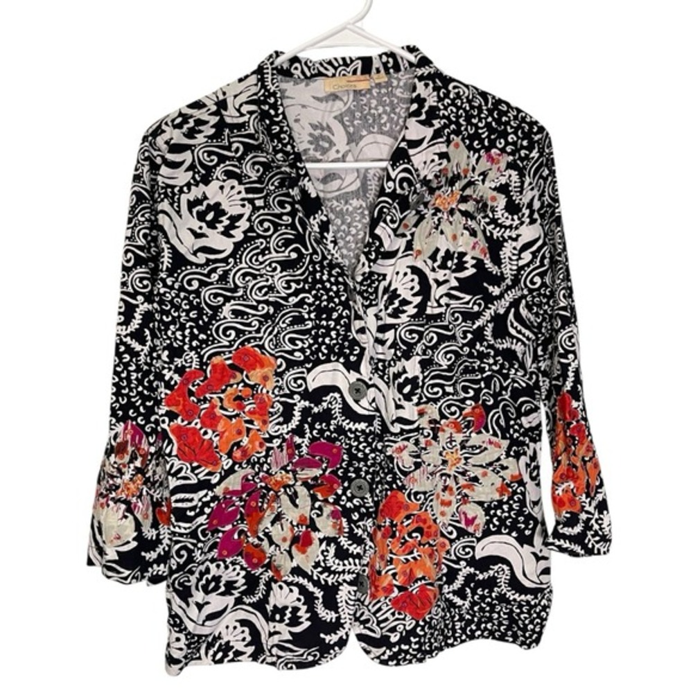 Choices L Black White Floral Button Up Jacket Blouse Art to Wear Boho Artsy